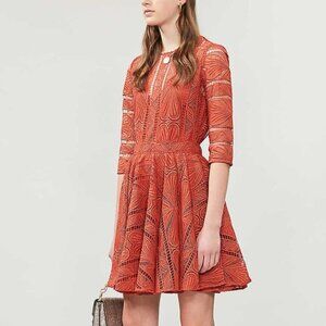 NEW Maje Terracotta Ripiza Stretch Lace Round Neck ¾ Sleeve Mini Fit Flare Dress